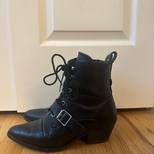 All Saints Black Leather Lace-Up Ankle Booties with Buckle Detail